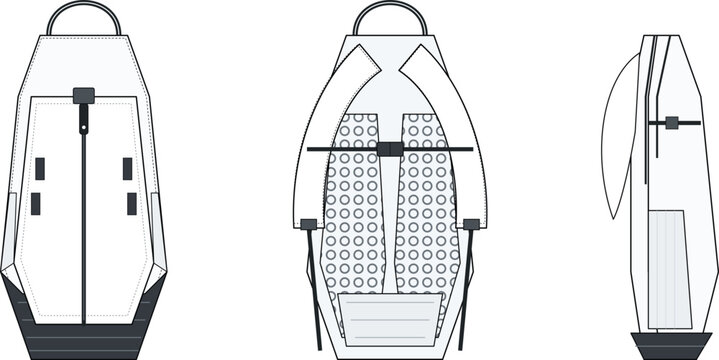 Modern Backpack Technical CAD Drawing with Front Back and Side Views