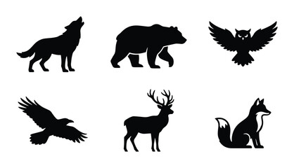 Obraz premium Wild Animal Silhouettes Vector Pack: Bear, Wolf, Deer, Fox, Eagle, Owl Icons for Nature Graphics