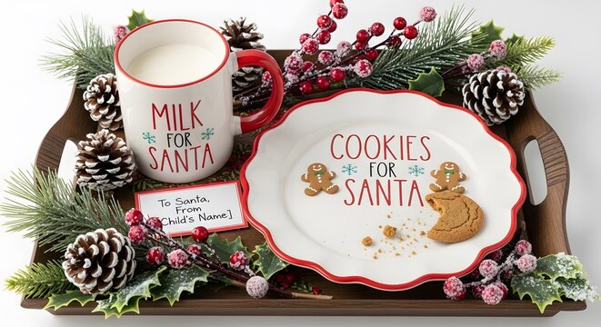 Christmas Eve milk and cookies for Santa on a rustic wooden tray with festive greenery and pinecones