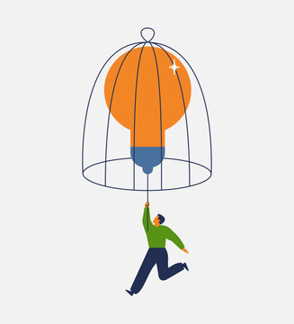 businessman clings to light bulb trapped in a cage. Trap, Limitation of thinking, Locked creative idea, miss opportunity, conservative mindset, risk aversion, stagnation. vector illustration