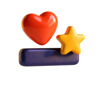 3D rendered red heart and yellow star icons floating above a dark blue horizontal button isolated on white background