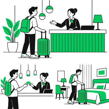 Hotel check in process illustration with guest and receptionist