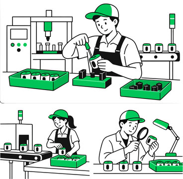 Industrial factory production assembly line and quality control vector