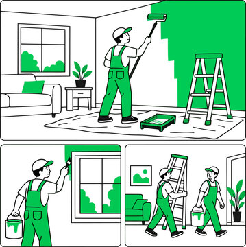 House painters renovating and painting room walls vector illustration