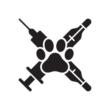 Veterinary clinic icon with crossed syringe thermometer and animal paw print silhouette
