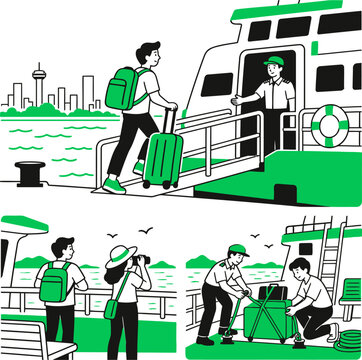 People boarding ferry and traveling on cruise ship vector set