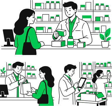 Pharmacist and customer in a pharmacy vector illustration