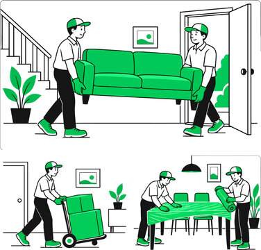 Movers carrying furniture and packing boxes illustration