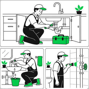 Plumber repairing sink pipes and inspecting home plumbing system