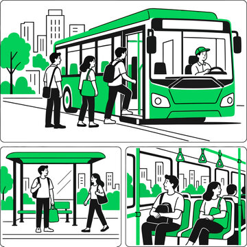 Public transportation scenes with passengers boarding and riding a bus