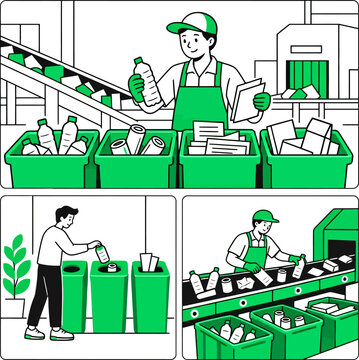 Recycling facility and waste sorting line vector illustration