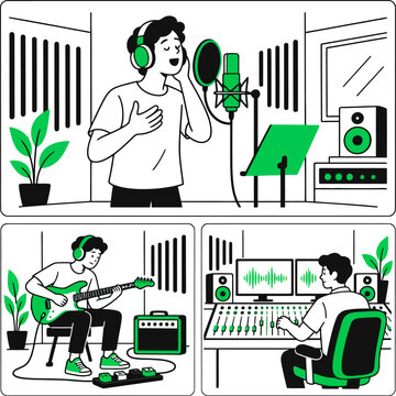 recording studio music production scenes vector illustration