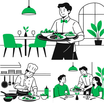 Restaurant scenes vector illustration with waiter and chef