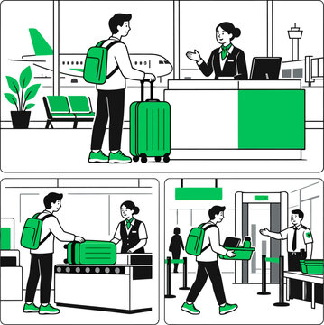 Passenger checking in and passing airport security vector illustration