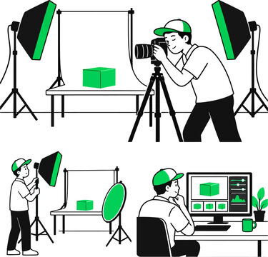 Photographer shooting product in photo studio illustration