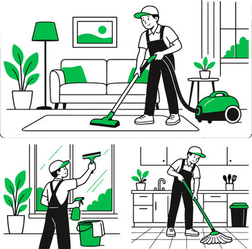professional house cleaning service vector illustration set