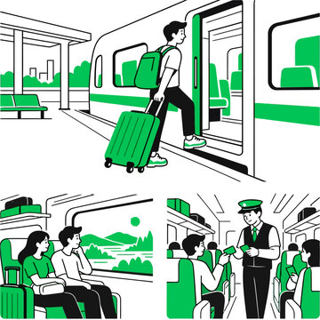 People traveling by train passenger journey vector illustration