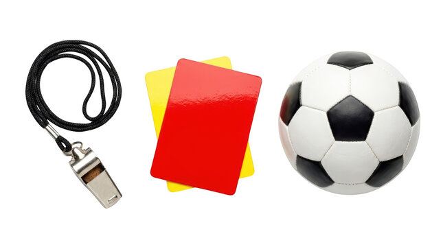 Soccer referee equipment including whistle, cards, and ball isolated on transparent background