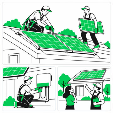 Solar panel installation and maintenance vector illustration