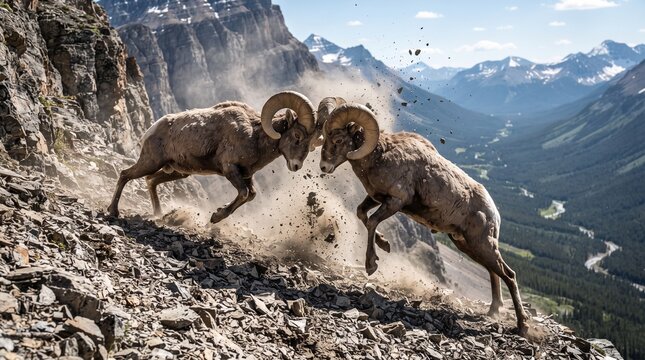 Bighorn Sheep Rams Headbutting on a Rocky Mountain Slope.