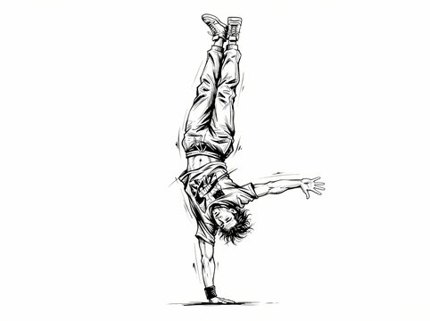 A dynamic black and white sketch of a breakdancer performing a one handed handstand.