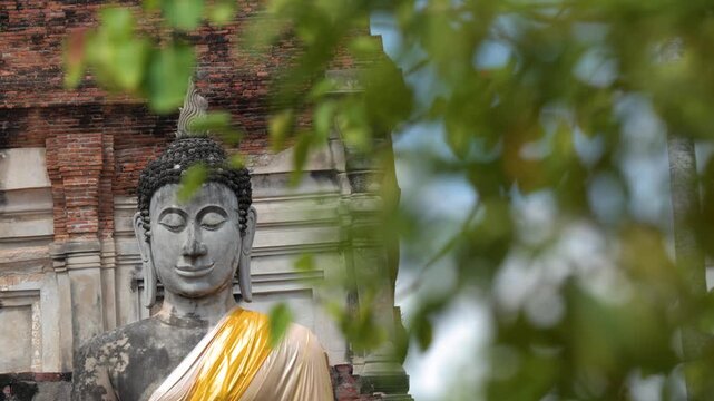 Buddha Statue Draped in Yellow Robe at Wat Yai Chai Mongkhon, Ayutthaya