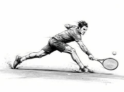 A dynamic pencil sketch of a tennis player executing a low forehand stretch.