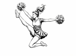 Fototapeta premium A black and white sketch of a cheerleader jumping in the air.