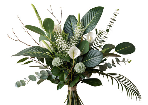 Beautiful wedding bouquet with white calla lilies and green leaves isolated on transparent background