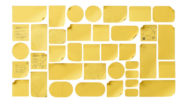 Collection of various yellow sticky notes isolated on transparent background