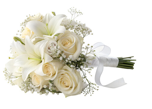 Beautiful wedding bouquet with white roses lilies and baby breath flowers tied with a ribbon isolated on transparent background