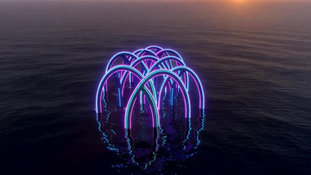 Glowing neon arches standing in ocean water as camera pulls back during sunset, creating colorful reflections across calm waves in surreal digital animation