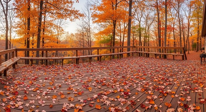Wooden deck covered in fallen autumn leaves overlooking a forest with vibrant orange foliage with benches scattered fallen