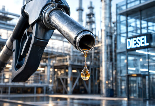 Closeup of diesel fuel nozzle dispensing liquid fuel with industrial facility in the background
