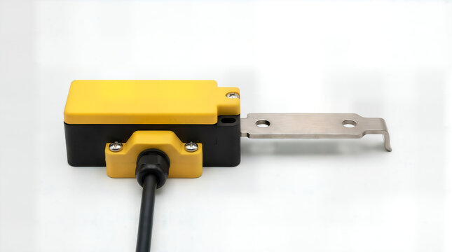 Industrial safety limit switch with yellow housing and metal actuator lever