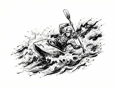 Dynamic black and white ink illustration of a kayaker navigating turbulent whitewater rapids.