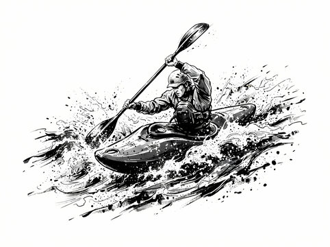 Dynamic black and white ink illustration of a kayaker navigating rough whitewater rapids.