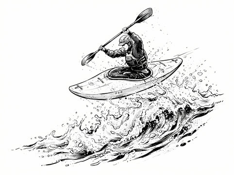A detailed black and white ink illustration of a kayaker performing a jump over a wave.
