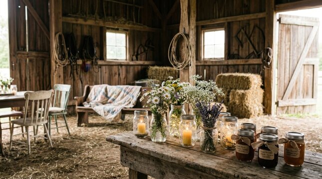 Warmly lit rustic barn interior set for an event, featuring a table laden with preserves, flowers, and candles.