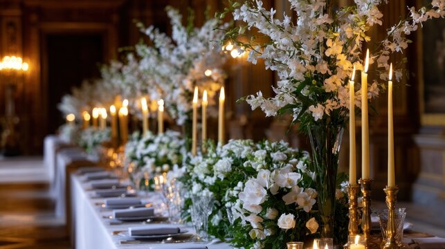Elegant table setting with tall candles and lush white floral arrangements in a grand hall