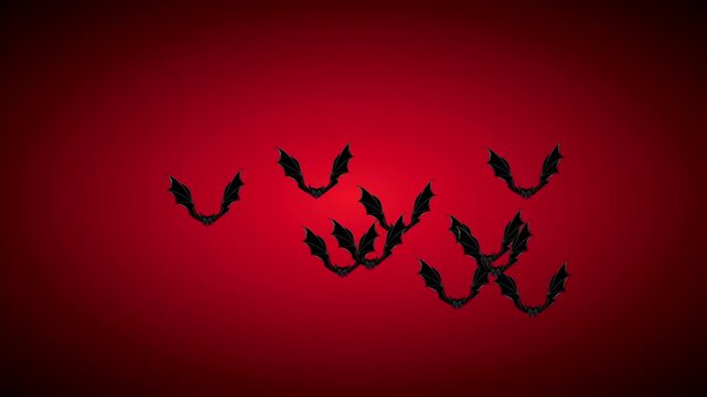 Autumn Halloween background with flying vampire bats on blood red gradient with dark vignette and copy space