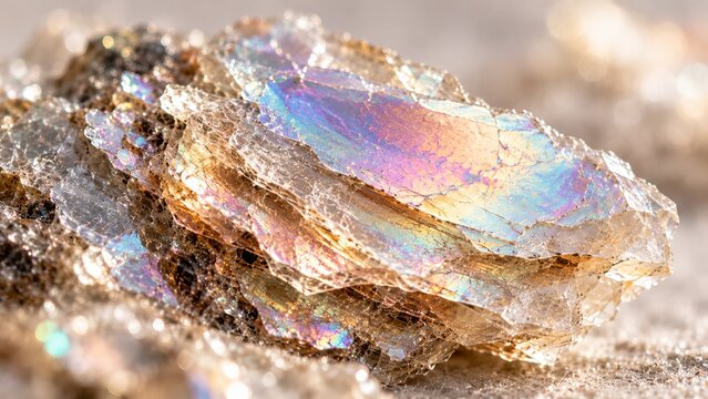 Iridescent mica flake reflecting pastel spectral colors