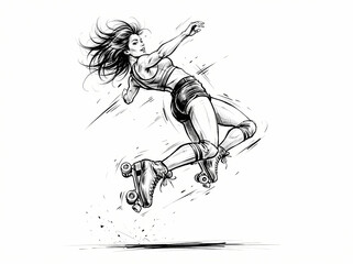 Fototapeta premium Dynamic sketch of a female roller skater performing an athletic jump.