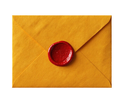 Yellow paper envelope sealed with a red wax stamp isolated on a white background