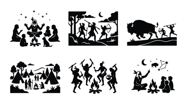 Native American Tribal Scenes, 6 Vector Icons Set, Indigenous Culture, Campfire Dance, Bison Hunt, Constellations