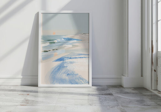 Minimalist Poster Mockup PSD In A Bright Room Featuring A Beach Scene
