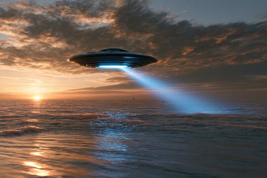 Cinematic illustration of a UFO flying saucer hovering over the ocean at sunset and emitting a blue light beam