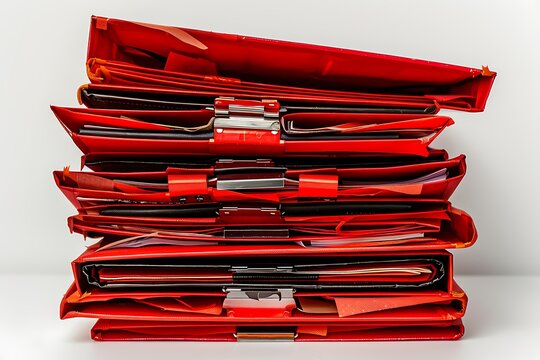 A tall stack of red files and folders sits on a white surface.