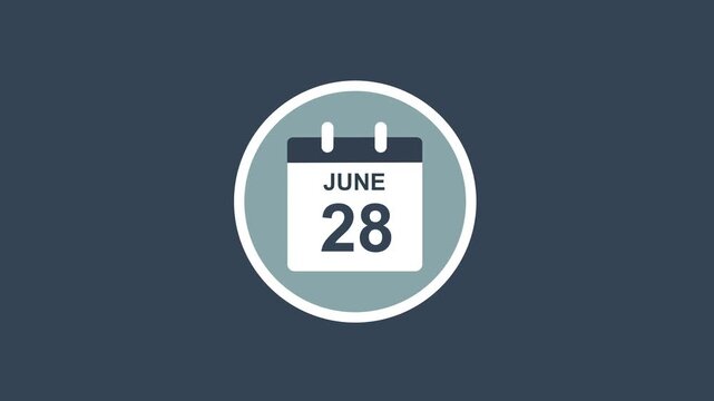 Minimalist flat calendar animation featuring the date june 28th isolated on a solid dark blue background, business scheduling and, time management digital projects