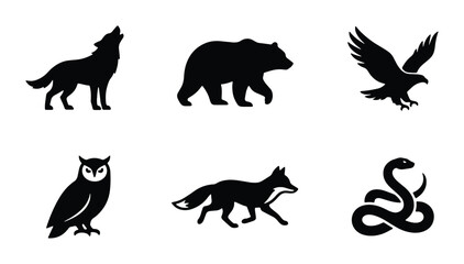 Obraz premium Wild Animal Silhouettes Vector Icons: Wolf, Bear, Eagle, Owl, Fox, Snake Set for Nature Graphics